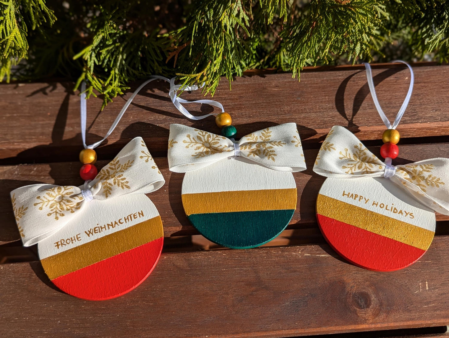 Personalized Handmade Scandinavian Wooden Christmas Ornament: Gold & Green Decor