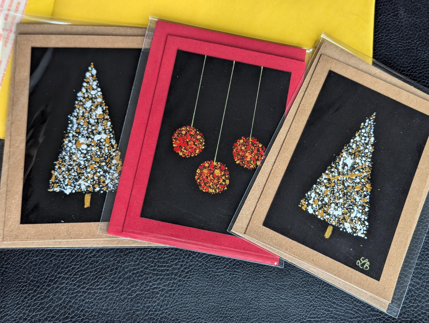 Handmade Christmas Tree Card , Black & Gold, Minimalist Holiday Greeting Card