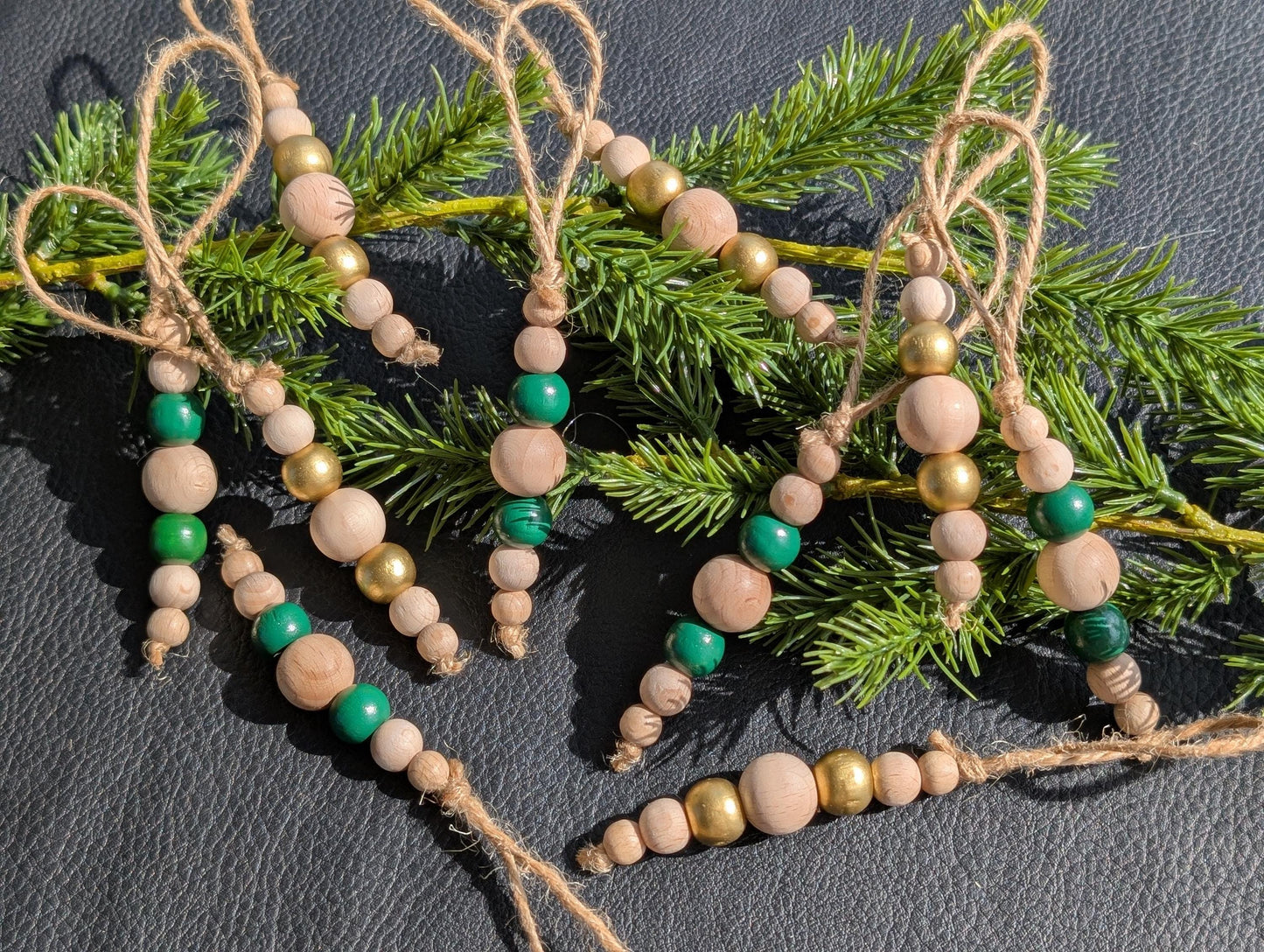 Handmade Wooden Bead Christmas Ornament Set: Rustic Holiday Decor