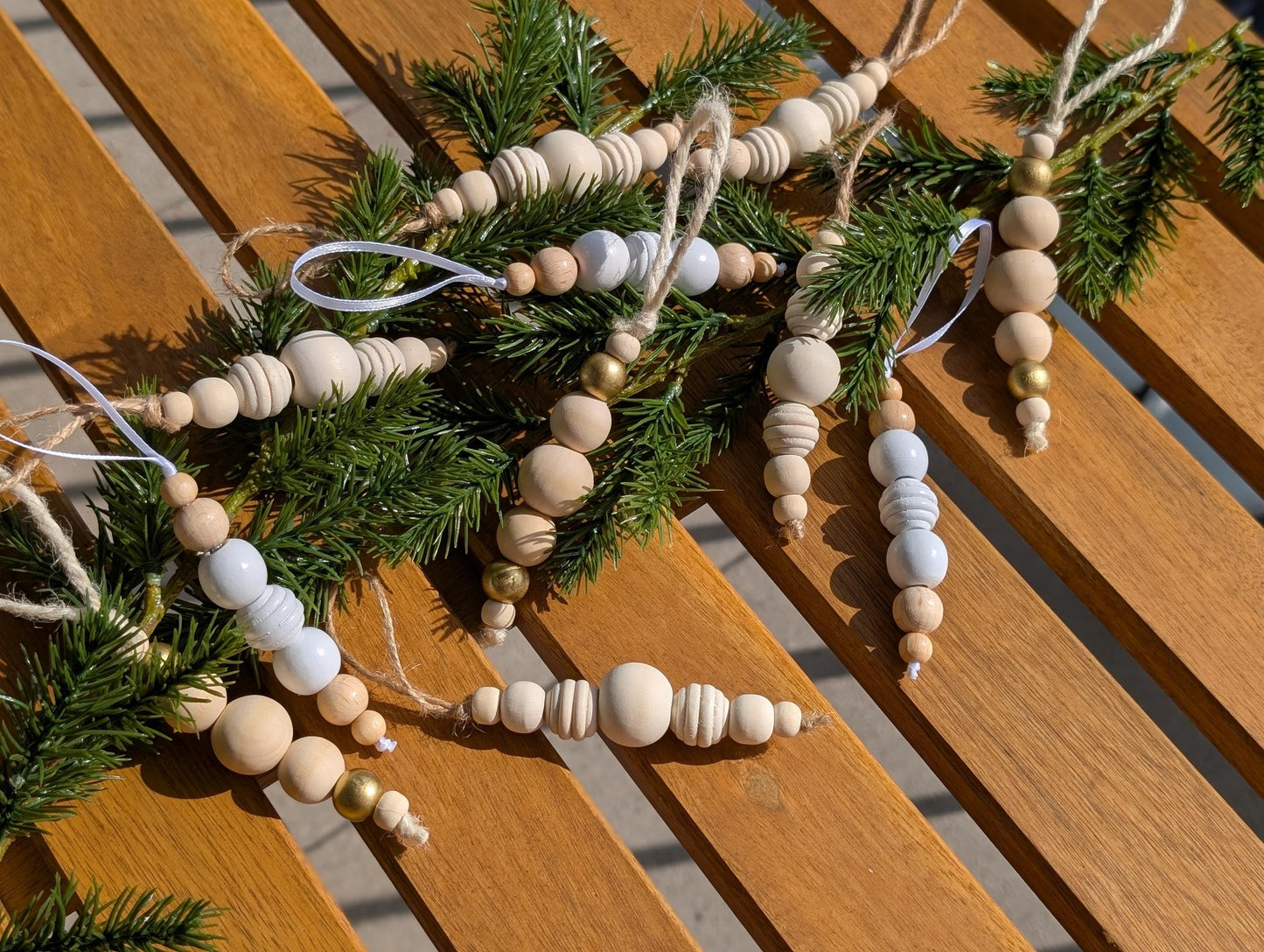 Handmade Wooden Bead Christmas Ornament Set: Rustic Holiday Decor