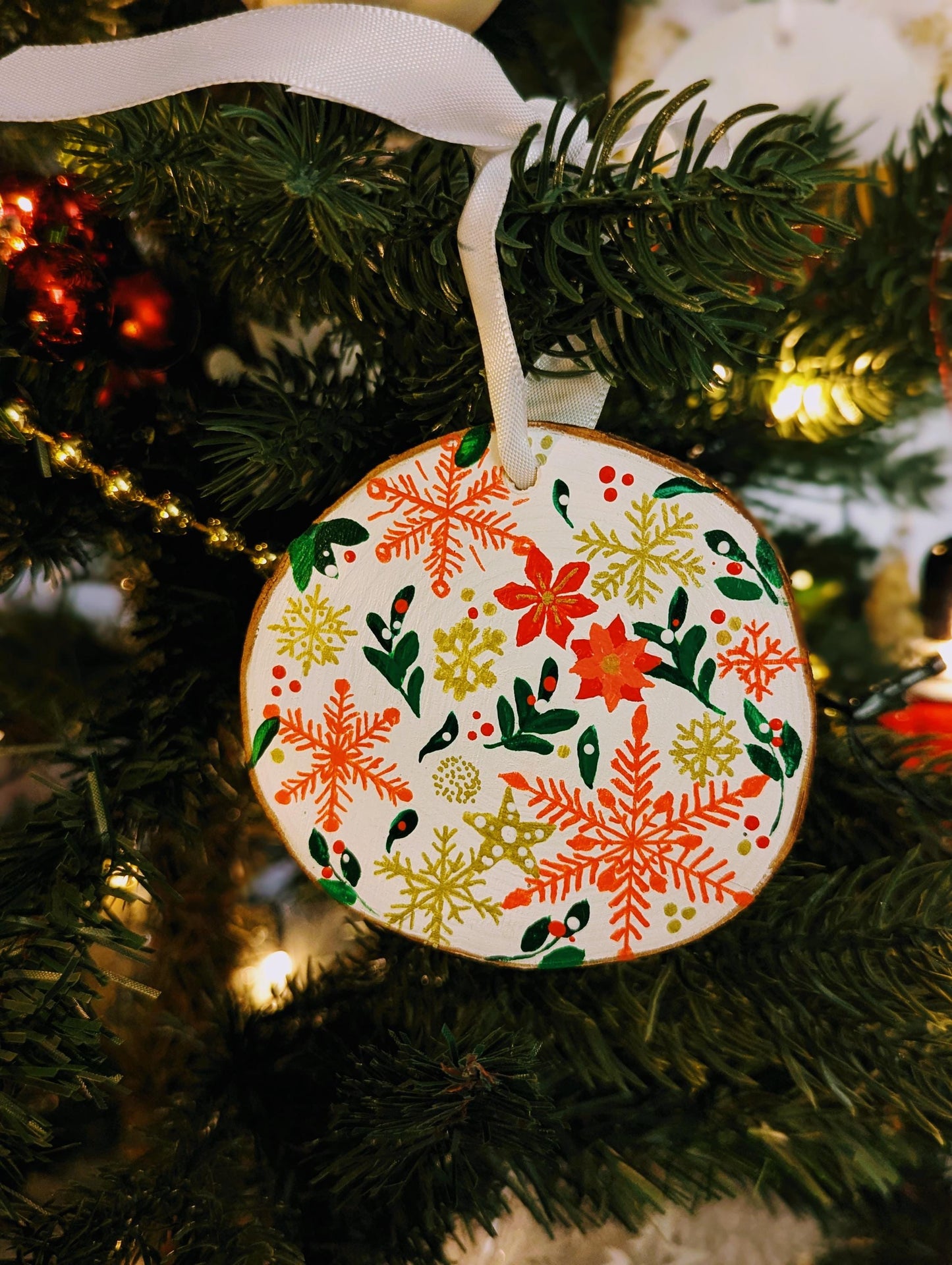 Hand-Painted Rustic Christmas Ornament: Red Floral Snowflake Wood Slice