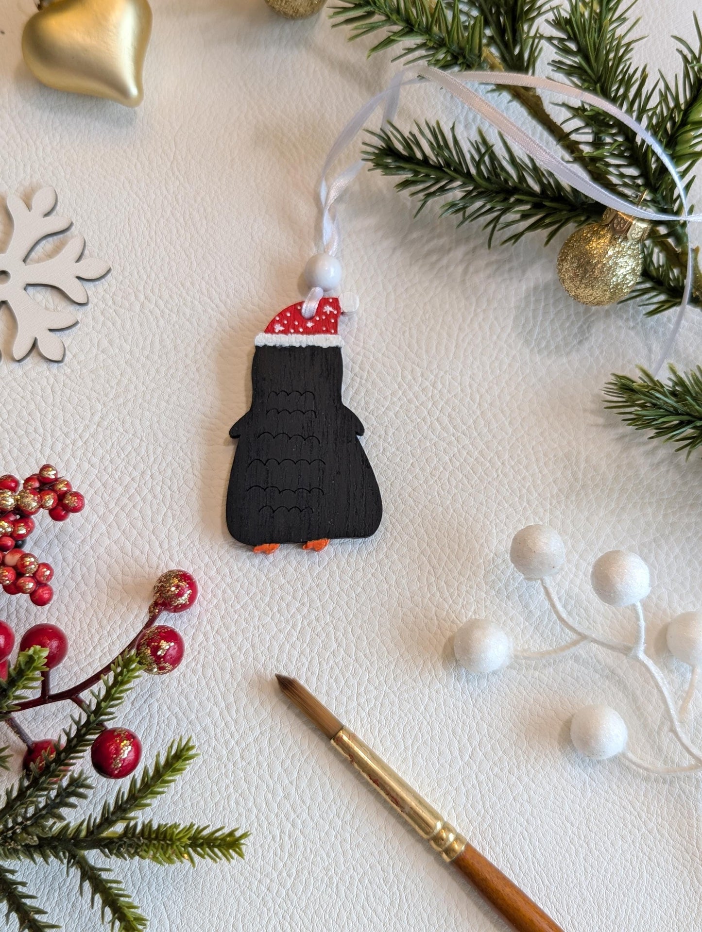 Handmade Penguin Christmas Ornament: Painted Wooden Tree Decoration