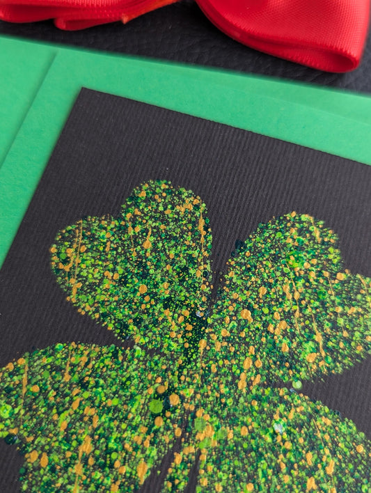 Hand Painted Acrylic Good Luck Card: Black, Green & Gold