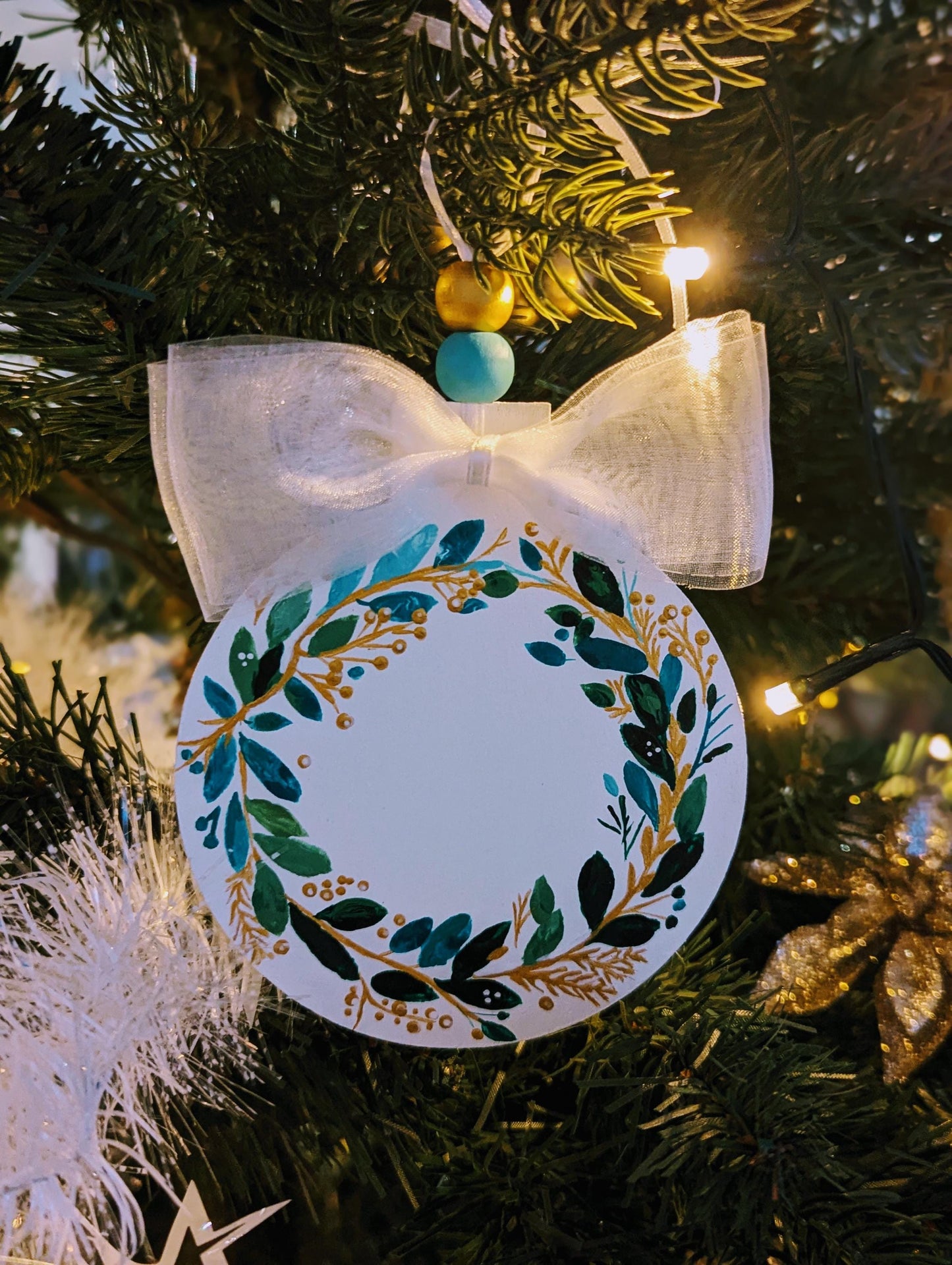 Hand-Painted Wooden Christmas Ornament: Wreath Design
