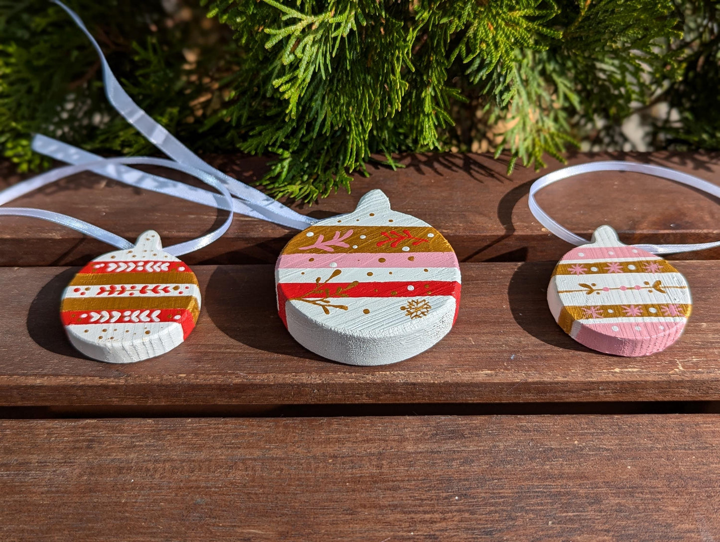 Hand Painted Boho Christmas Ornaments: Blue & Gold Wooden Decorations