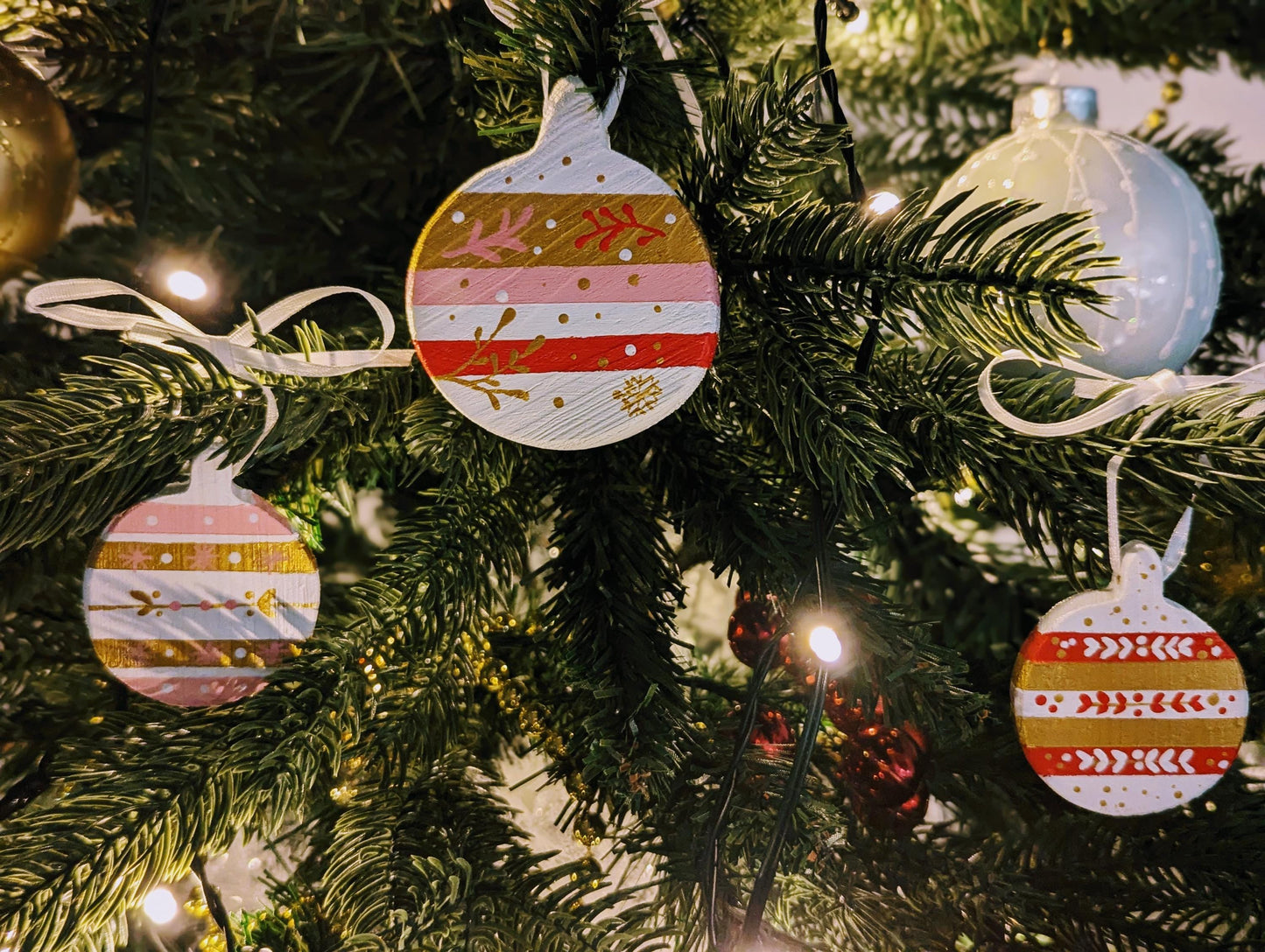 Boho Christmas Ornament Set: Hand-Painted Wooden Holiday Decorations