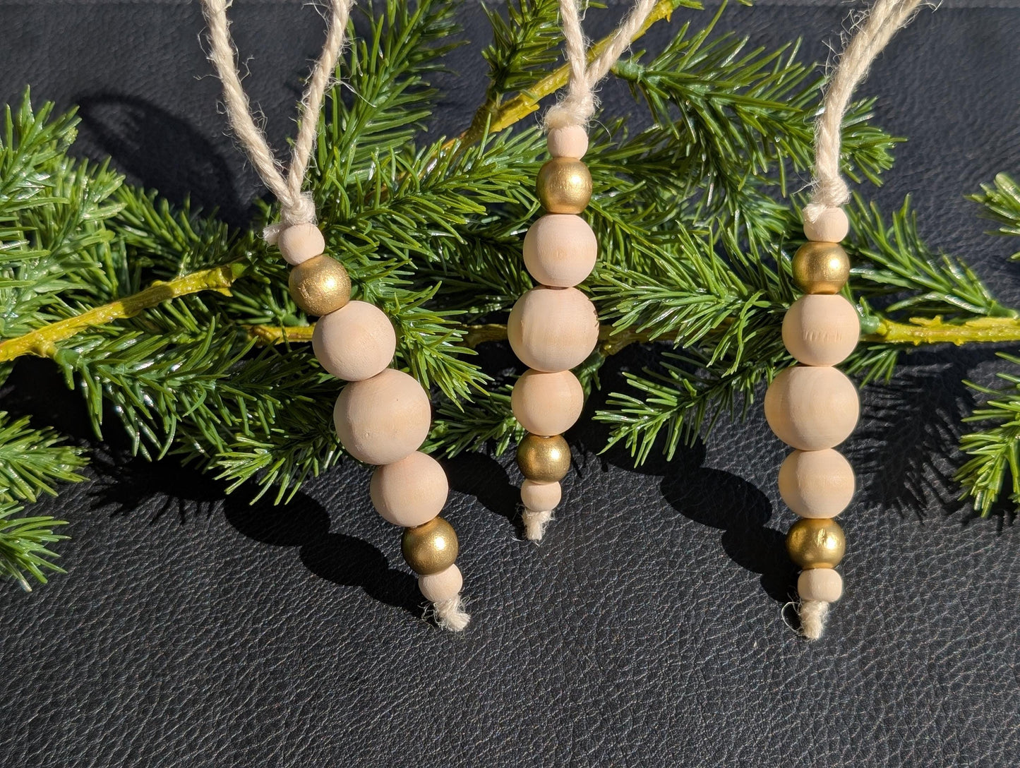 Handmade Wooden Bead Christmas Ornament Set: Rustic Holiday Decor