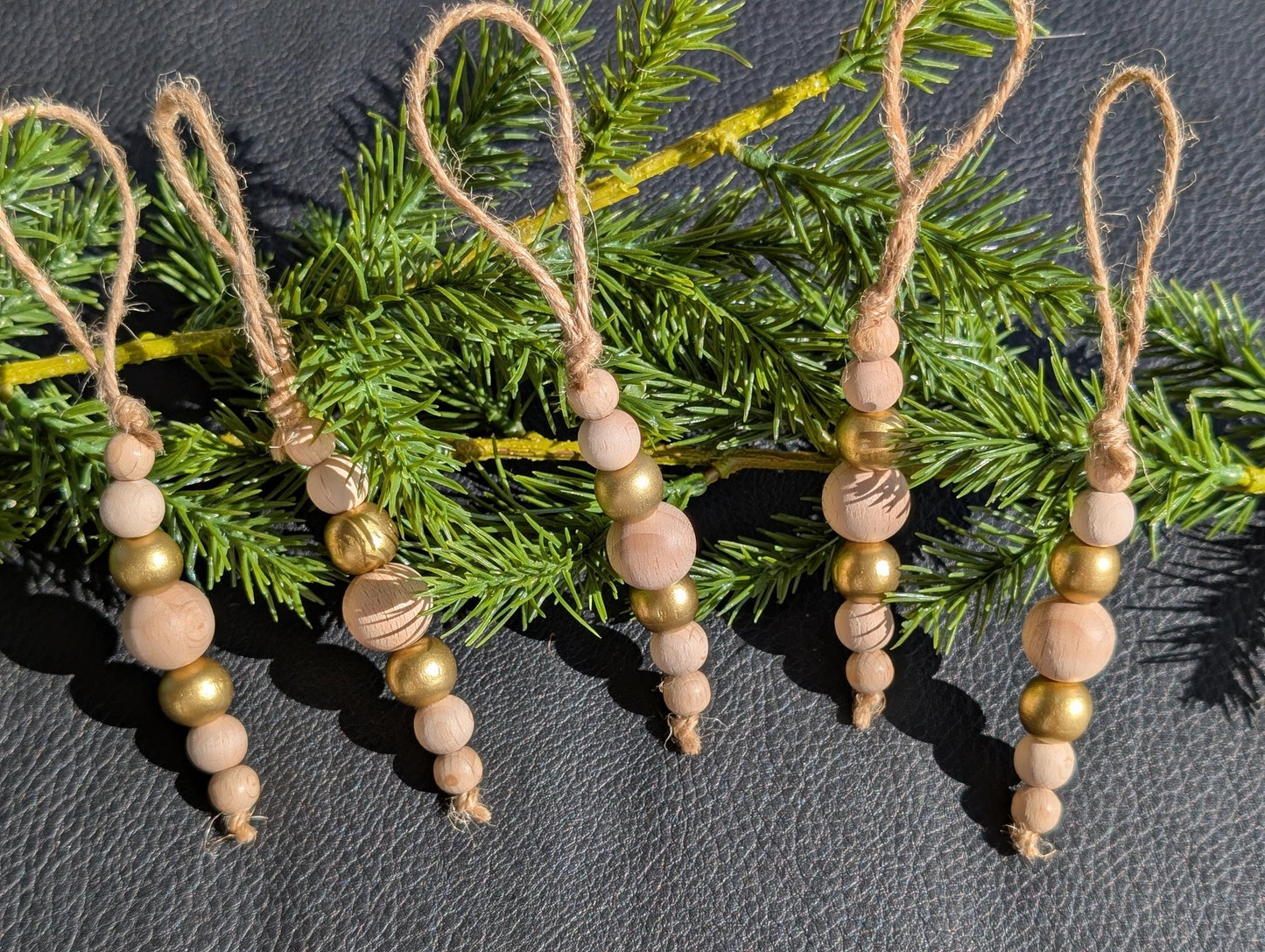 Handmade Wooden Bead Christmas Ornament Set: Rustic Holiday Decor
