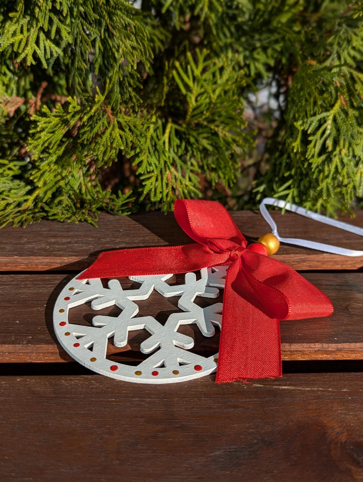 Hand-Painted Wooden Snowflake Ornament - Christmas Decoration