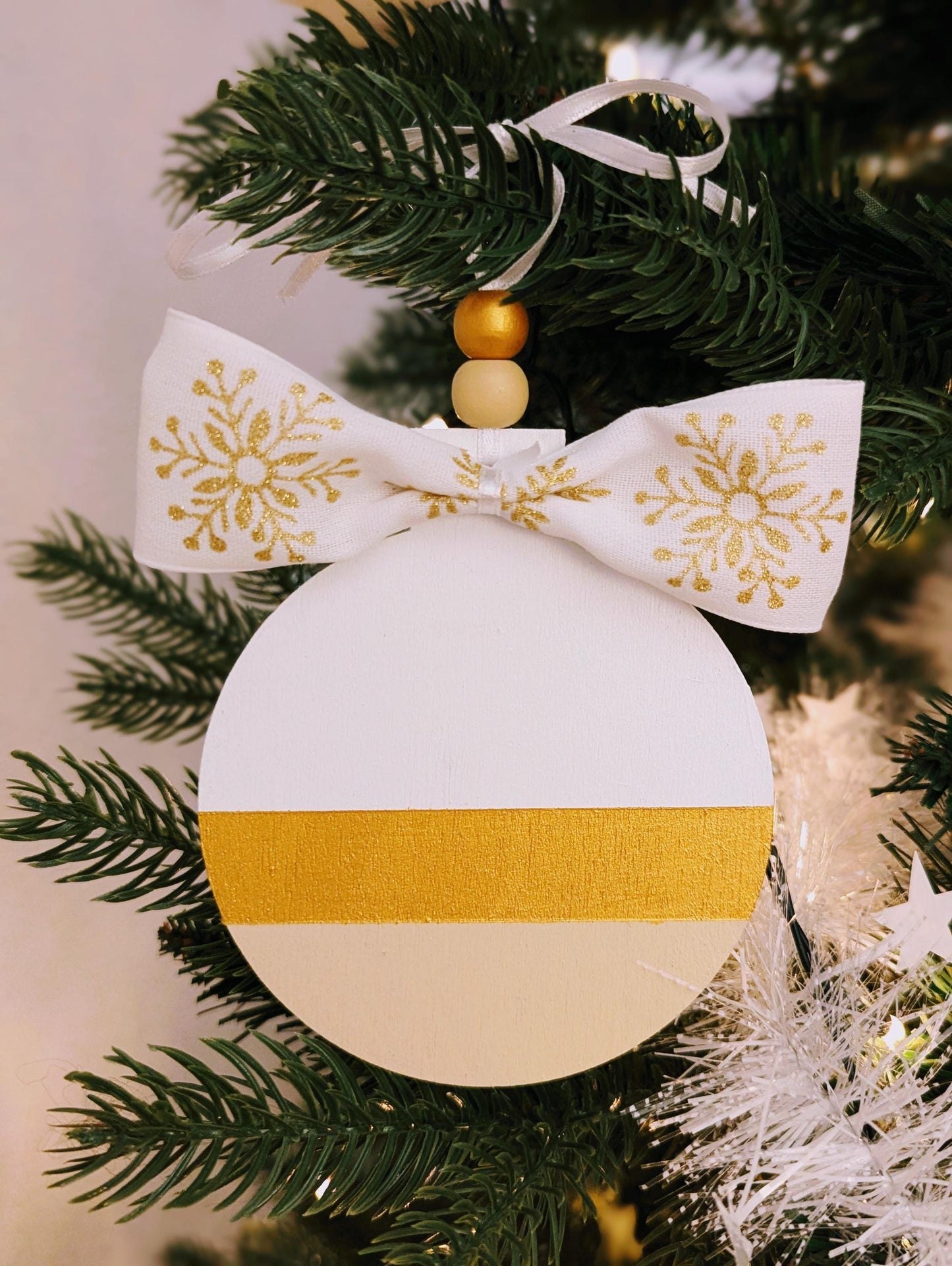 Personalized Scandinavian Christmas Ornament: Hand-Painted Wooden Bauble with Bow