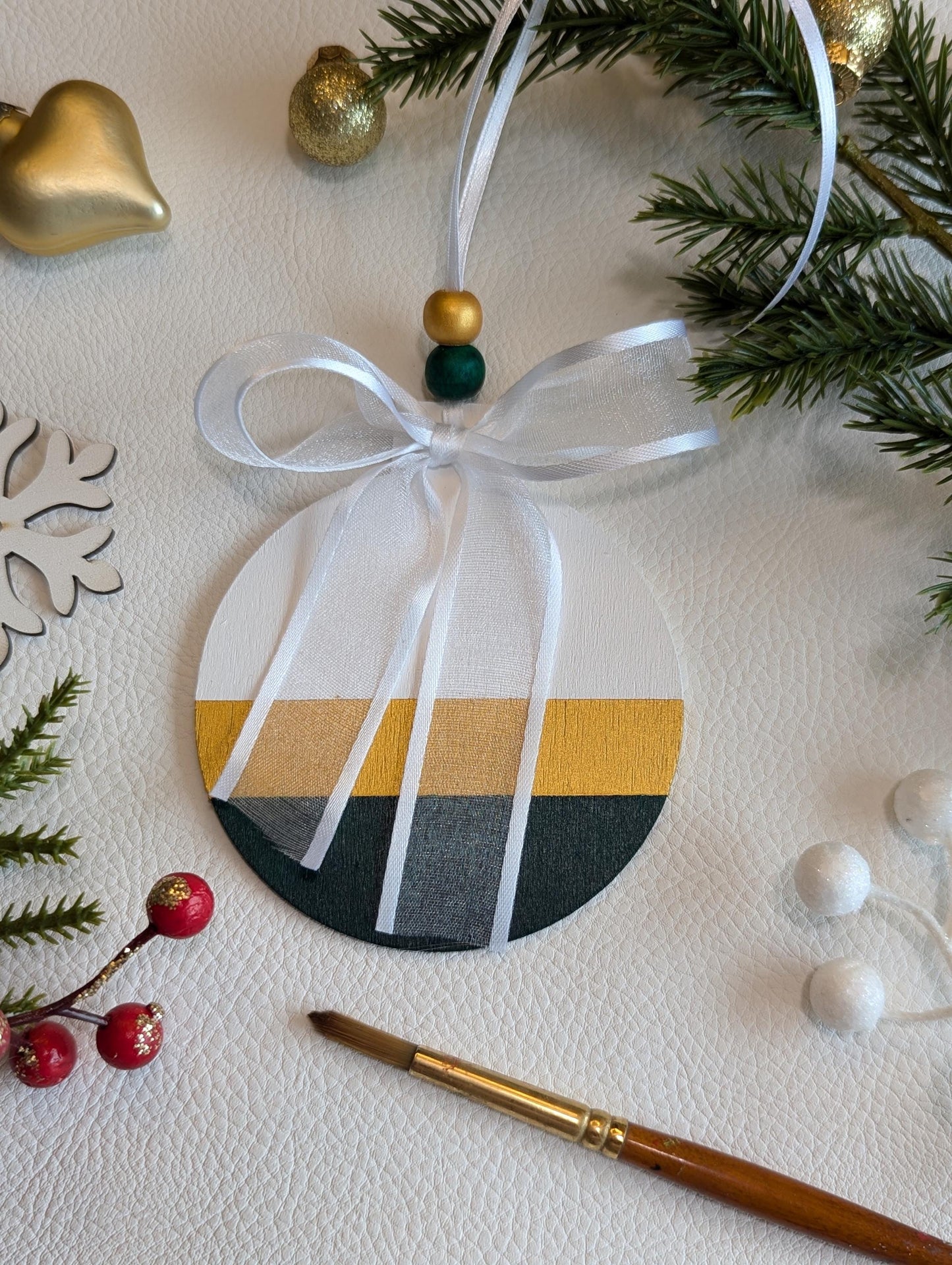 Hand-Painted Scandinavian Christmas Ornament: Gold & Beige Wood