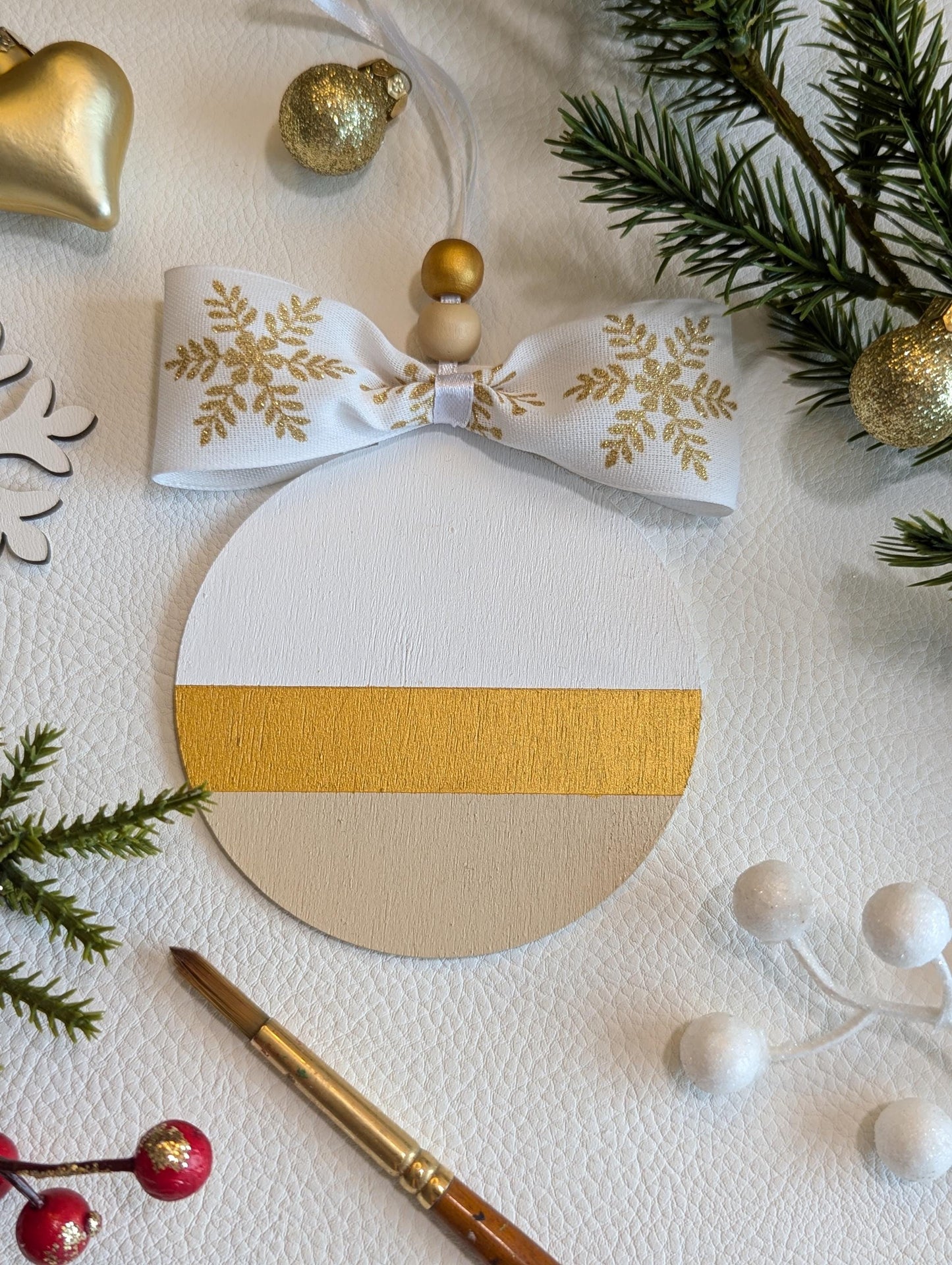 Personalized Scandinavian Christmas Ornament: Hand-Painted Wooden Bauble with Bow