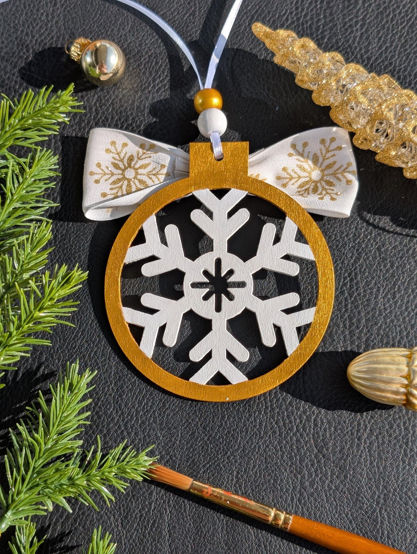 Hand-Painted Wooden Snowflake Ornament - Christmas Decoration