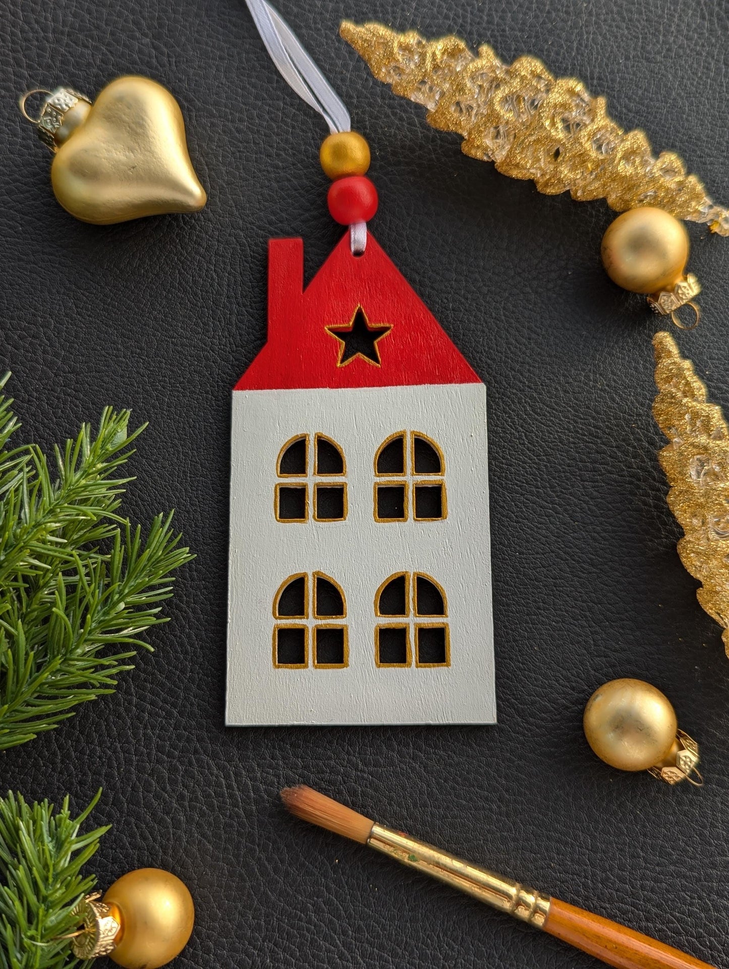 Hand-Painted Wooden Gingerbread House Ornament: Scandinavian Christmas Decor