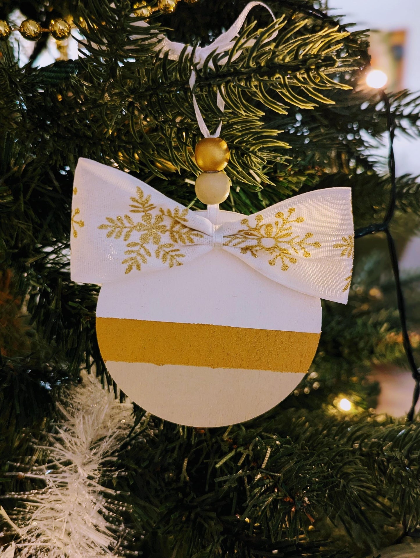 Personalized Handmade Scandinavian Wooden Christmas Ornament: Gold & Green Decor