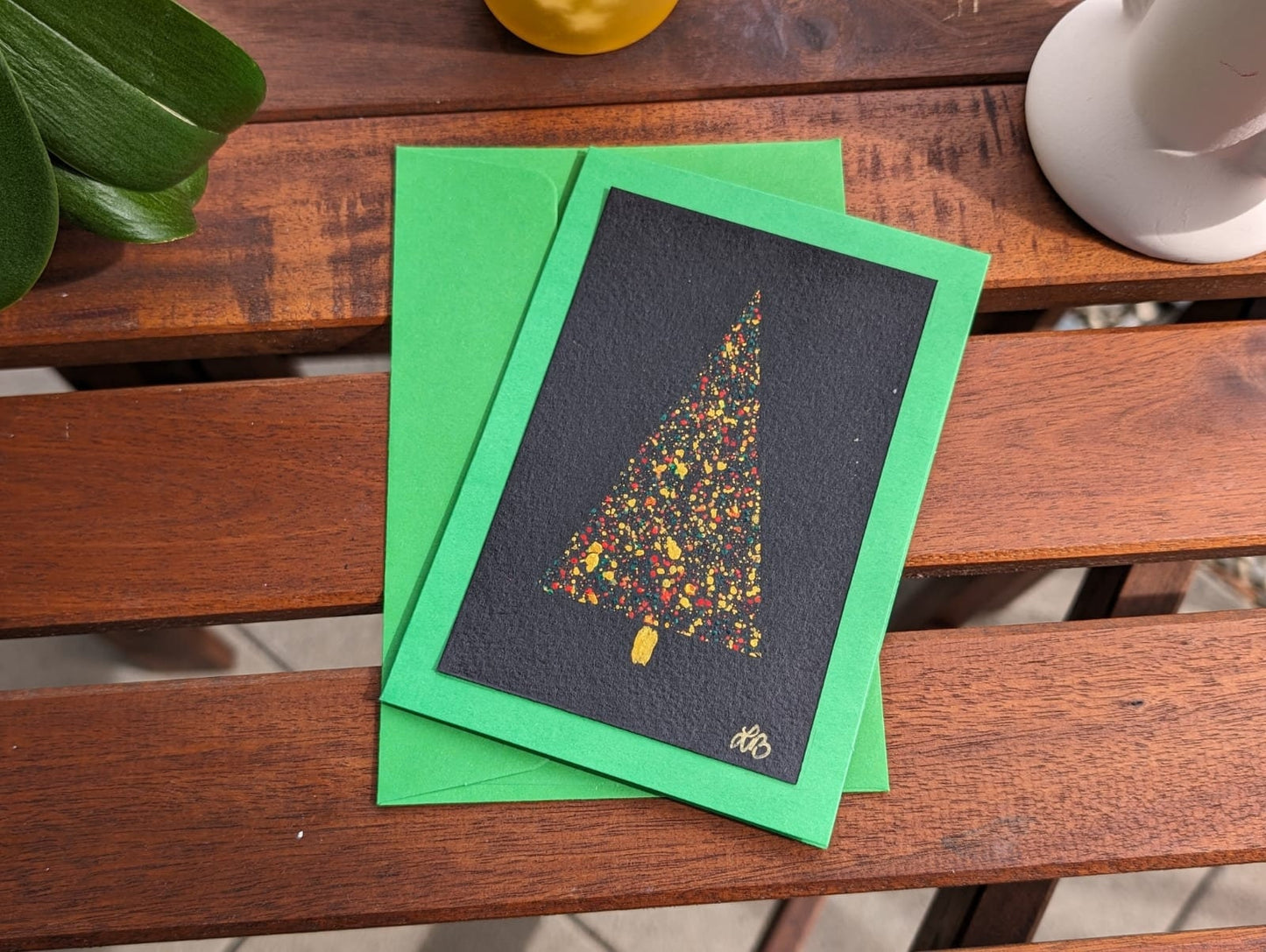 Handmade Christmas Tree Card , Green, Black & Gold, Minimalist Holiday Greeting Card