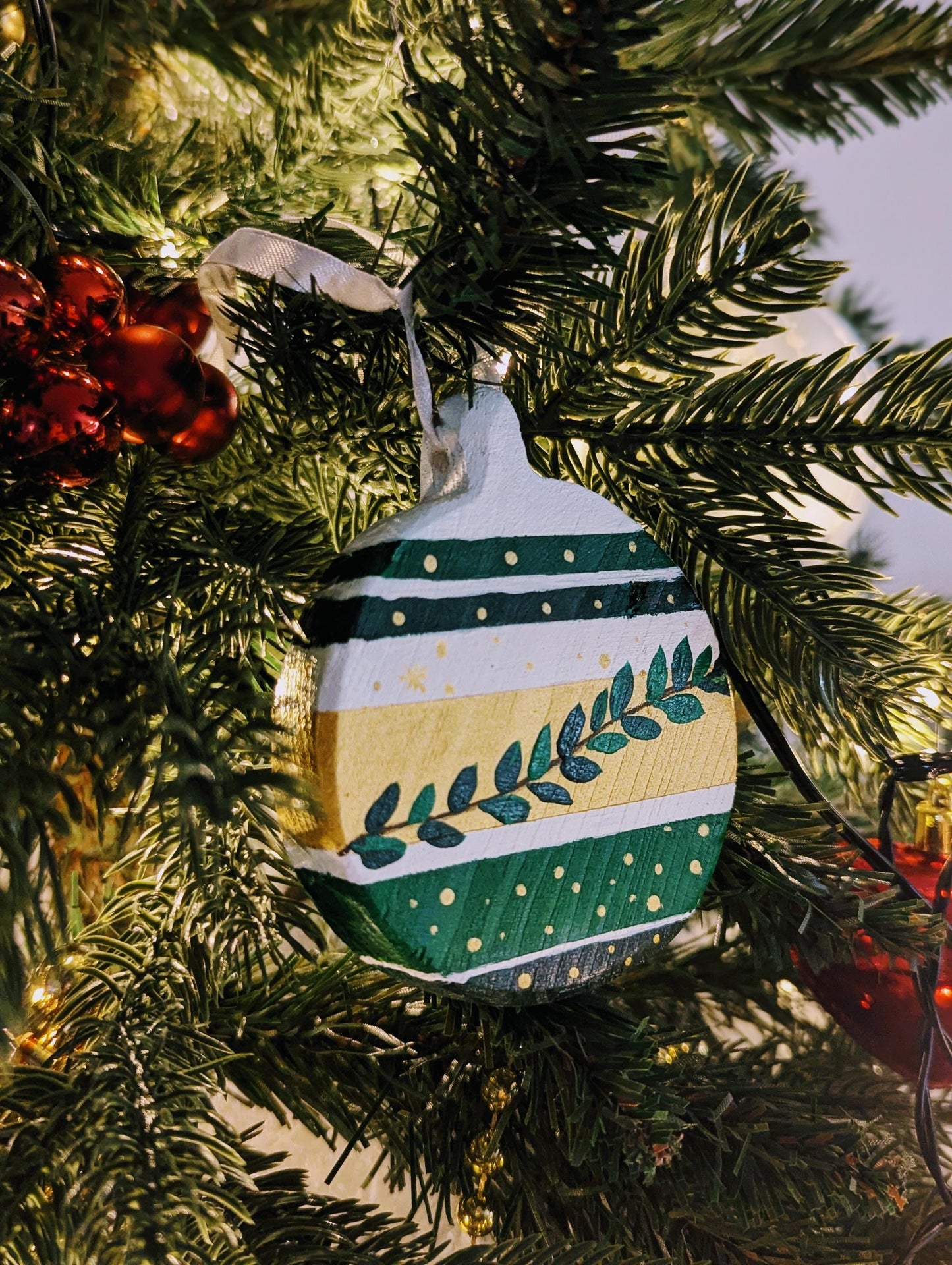 Hand-Painted Wooden Christmas Ornament: Green & Gold Boho Decor