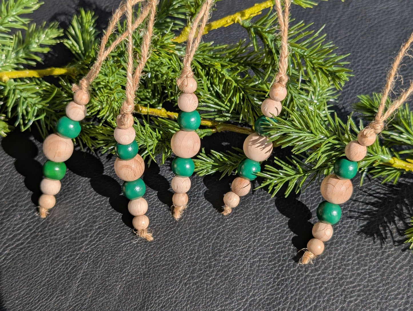 Handmade Wooden Bead Christmas Ornament Set: Rustic Holiday Decor