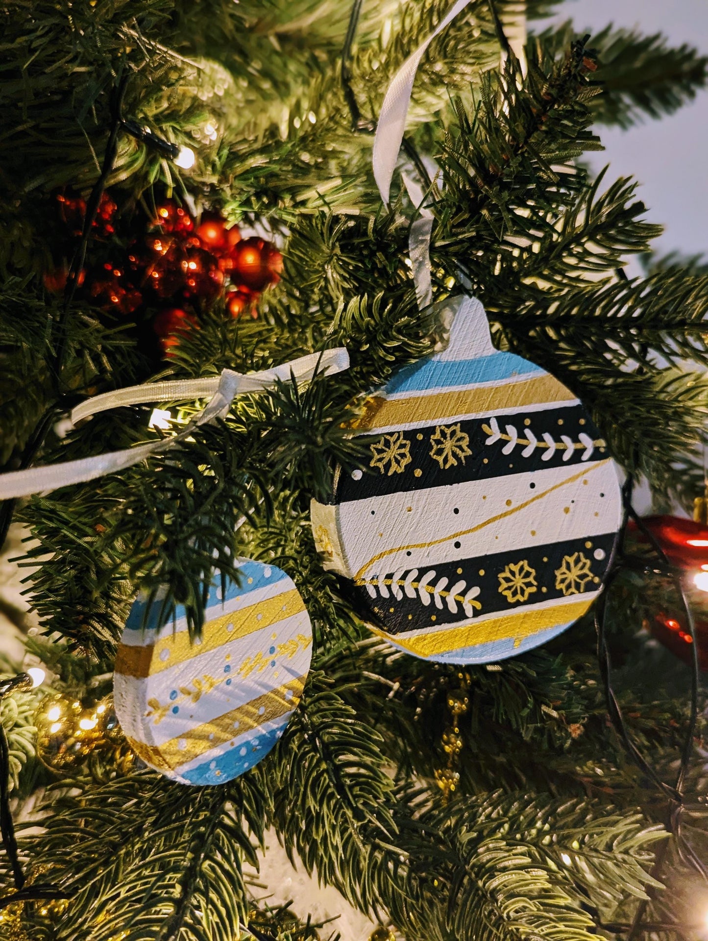 Hand-Painted Blue Wood Christmas Ornaments & Card Set: Boho Holiday Decor
