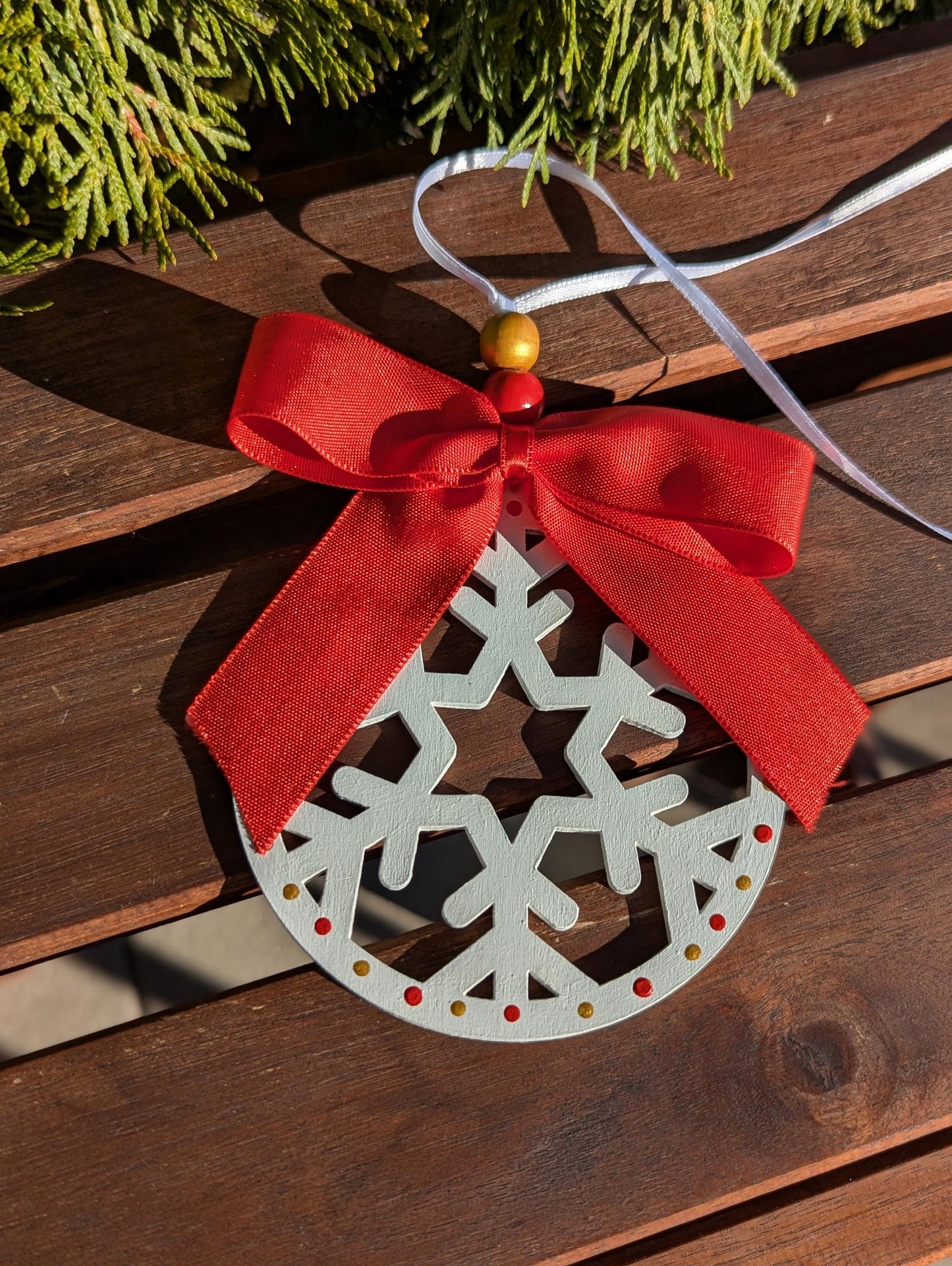 Hand-Painted Wooden Snowflake Ornament - Christmas Decoration