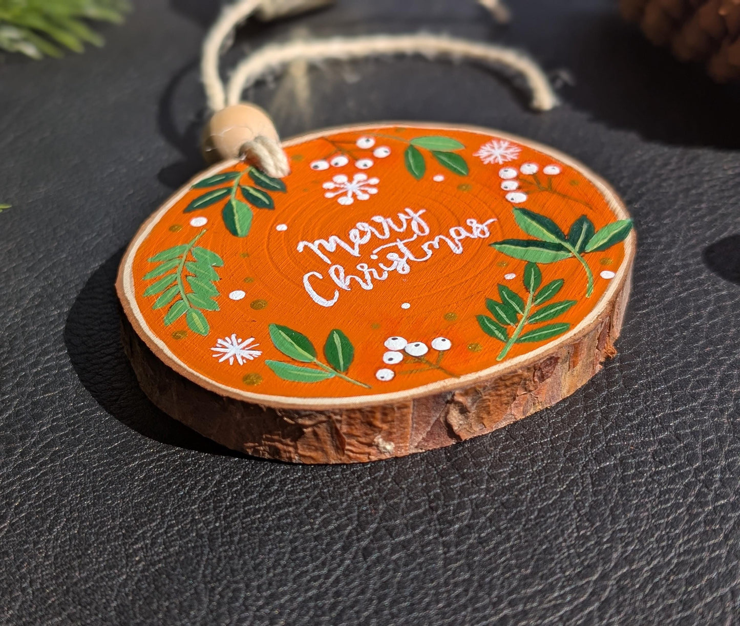 Hand-Painted Wood Slice Christmas Tree Ornament: Rustic Farmhouse Decor