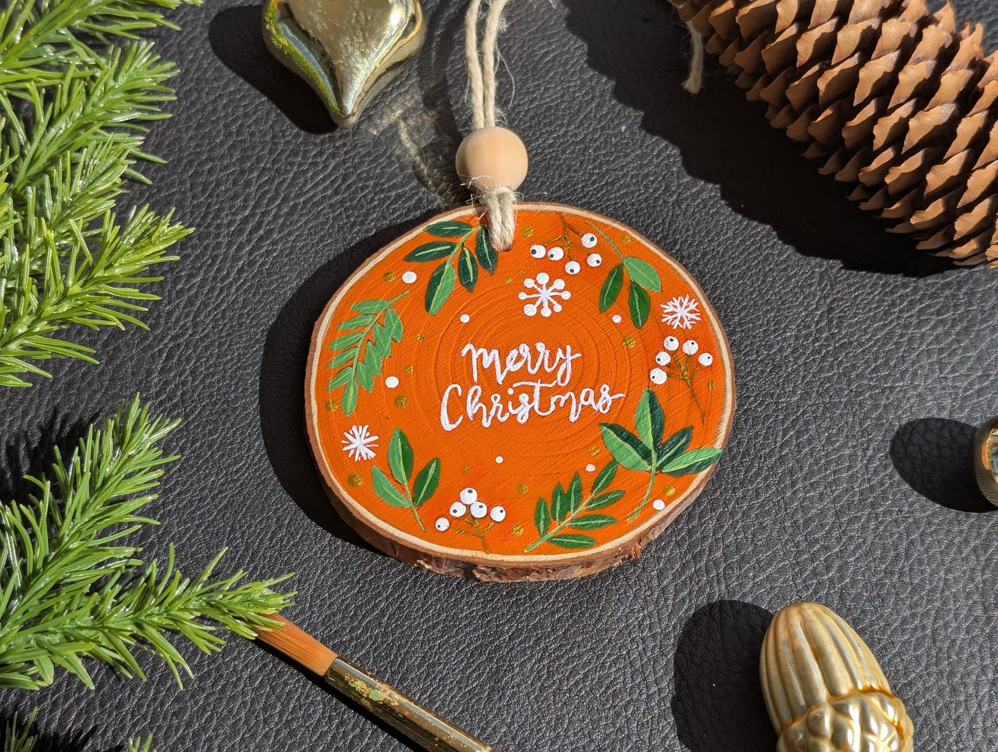 Hand-Painted Wood Slice Christmas Tree Ornament: Rustic Farmhouse Decor