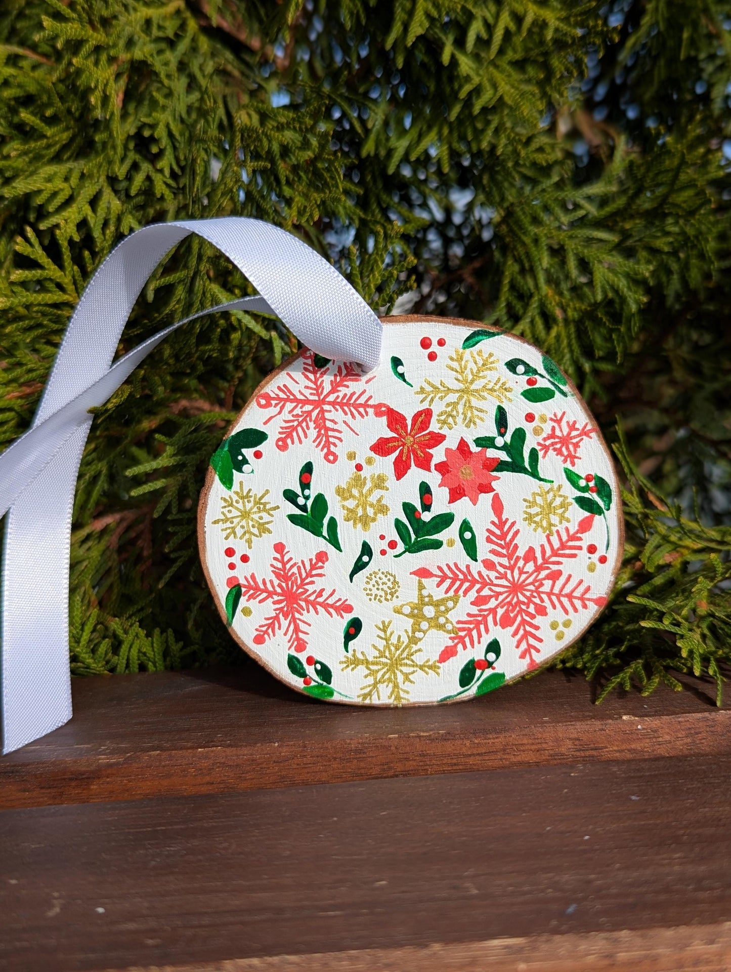 Hand-Painted Wood Slice Christmas Ornament: Rustic Snowflake Floral Design