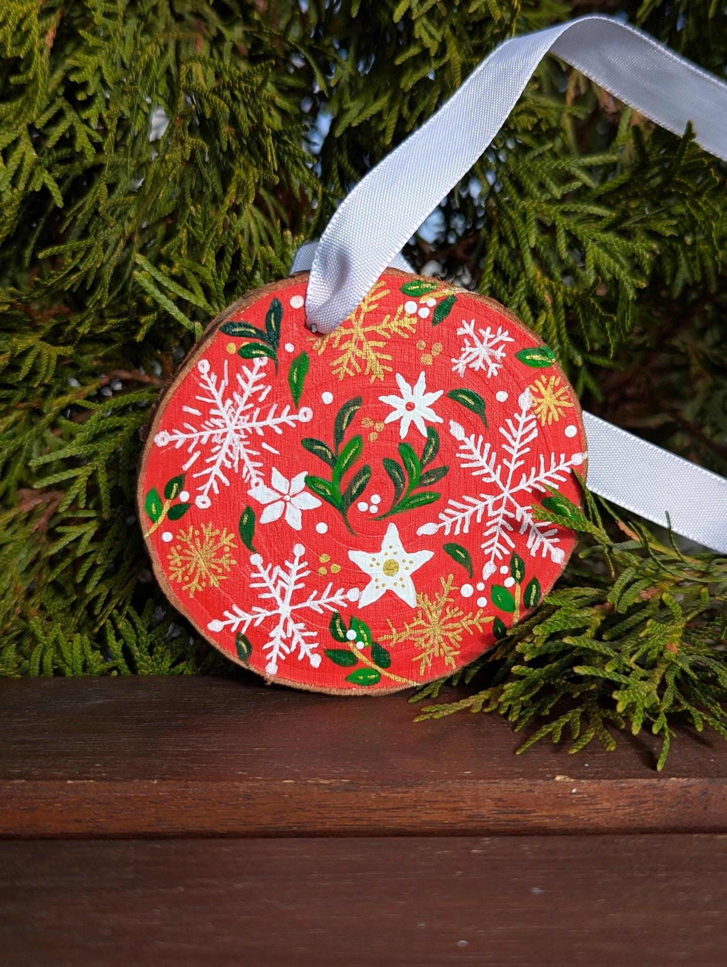 Hand-Painted Rustic Christmas Ornament: Red Floral Snowflake Wood Slice