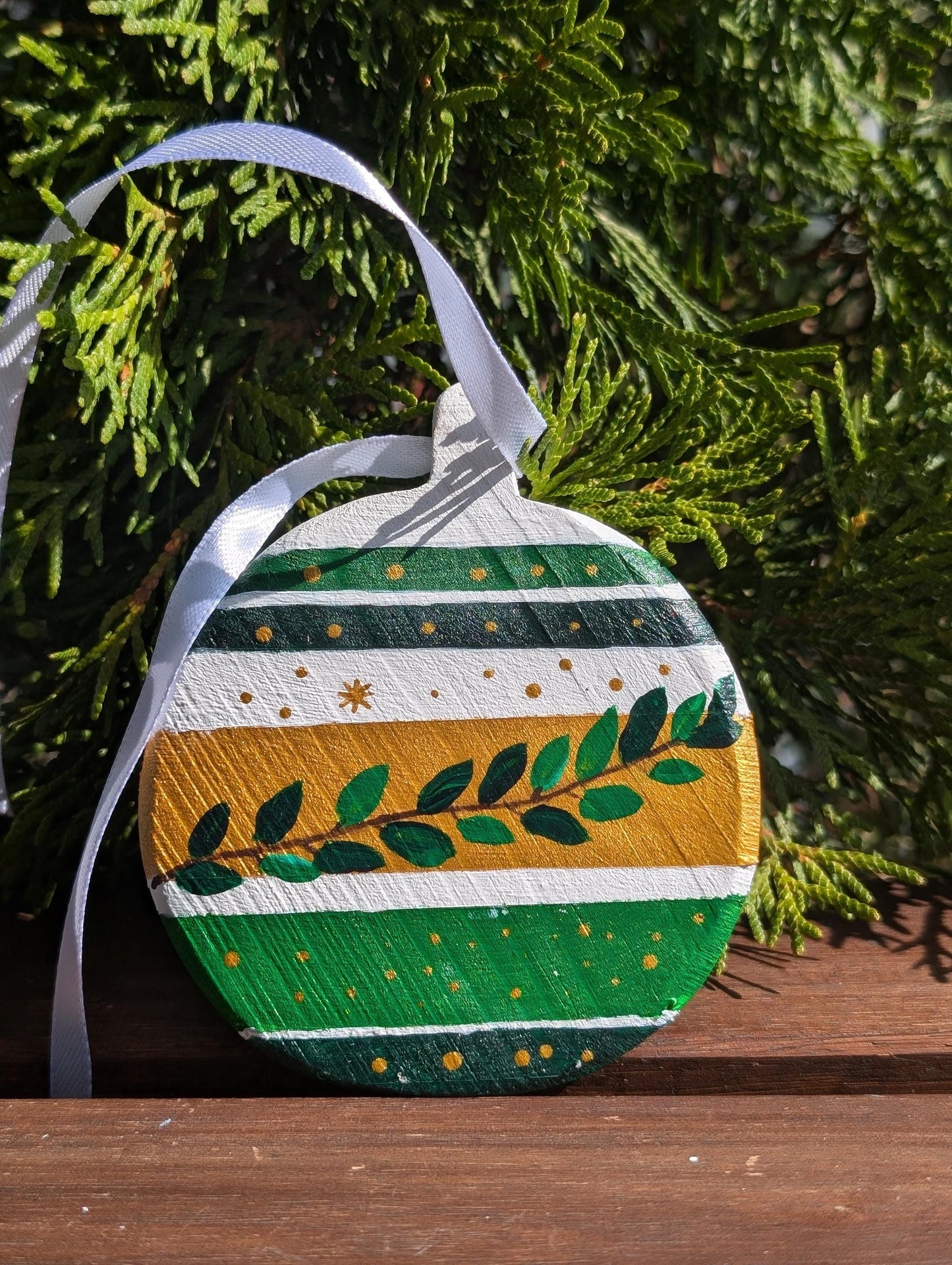 Hand-Painted Wooden Christmas Ornament: Green & Gold Boho Decor