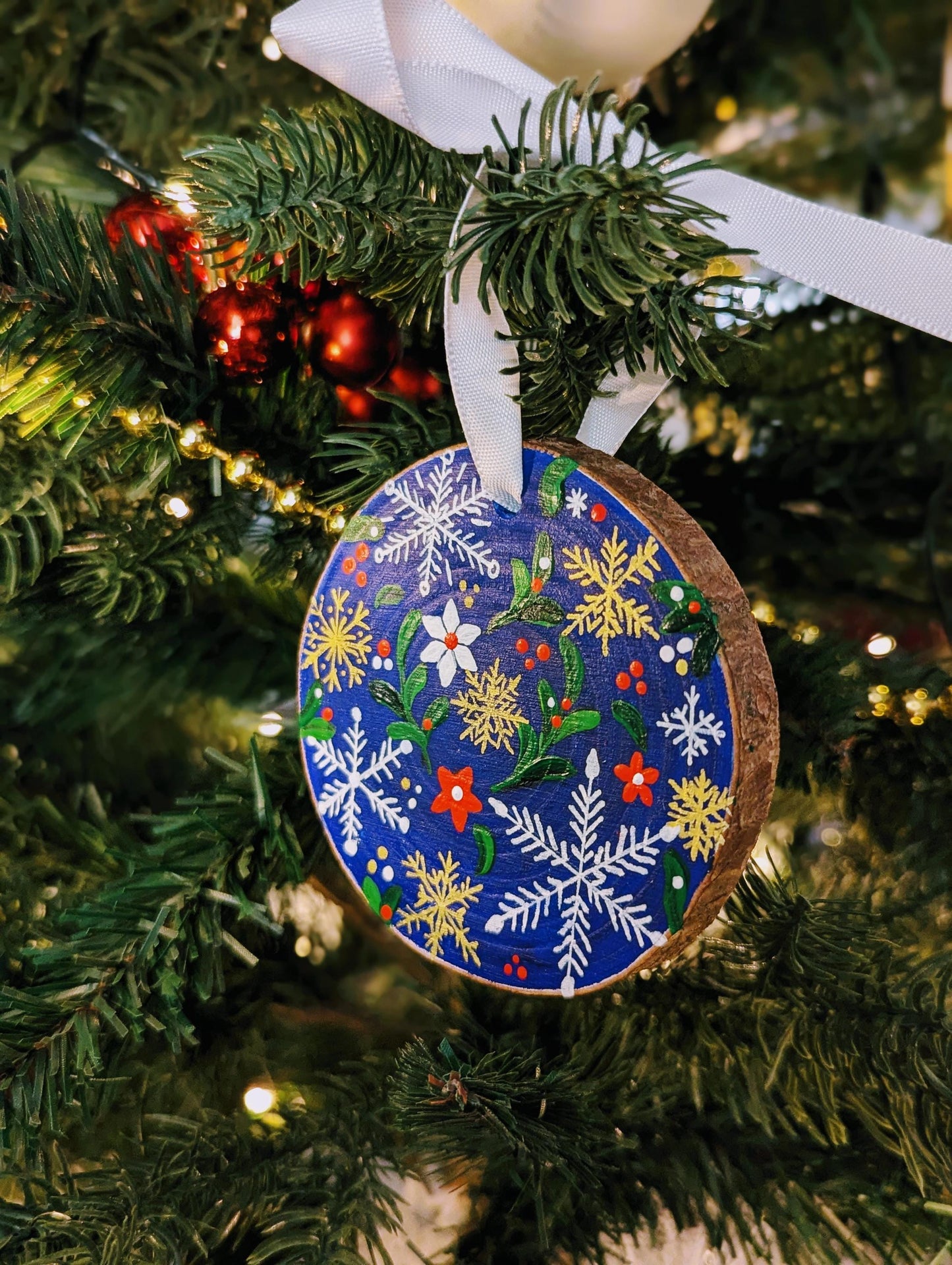 Hand-Painted Wood Slice Christmas Ornament: Blue Floral Snowflake Design