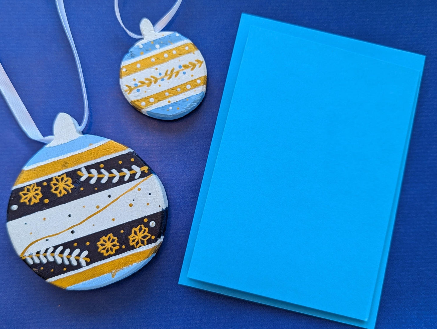 Hand-Painted Blue Wood Christmas Ornaments & Card Set: Boho Holiday Decor