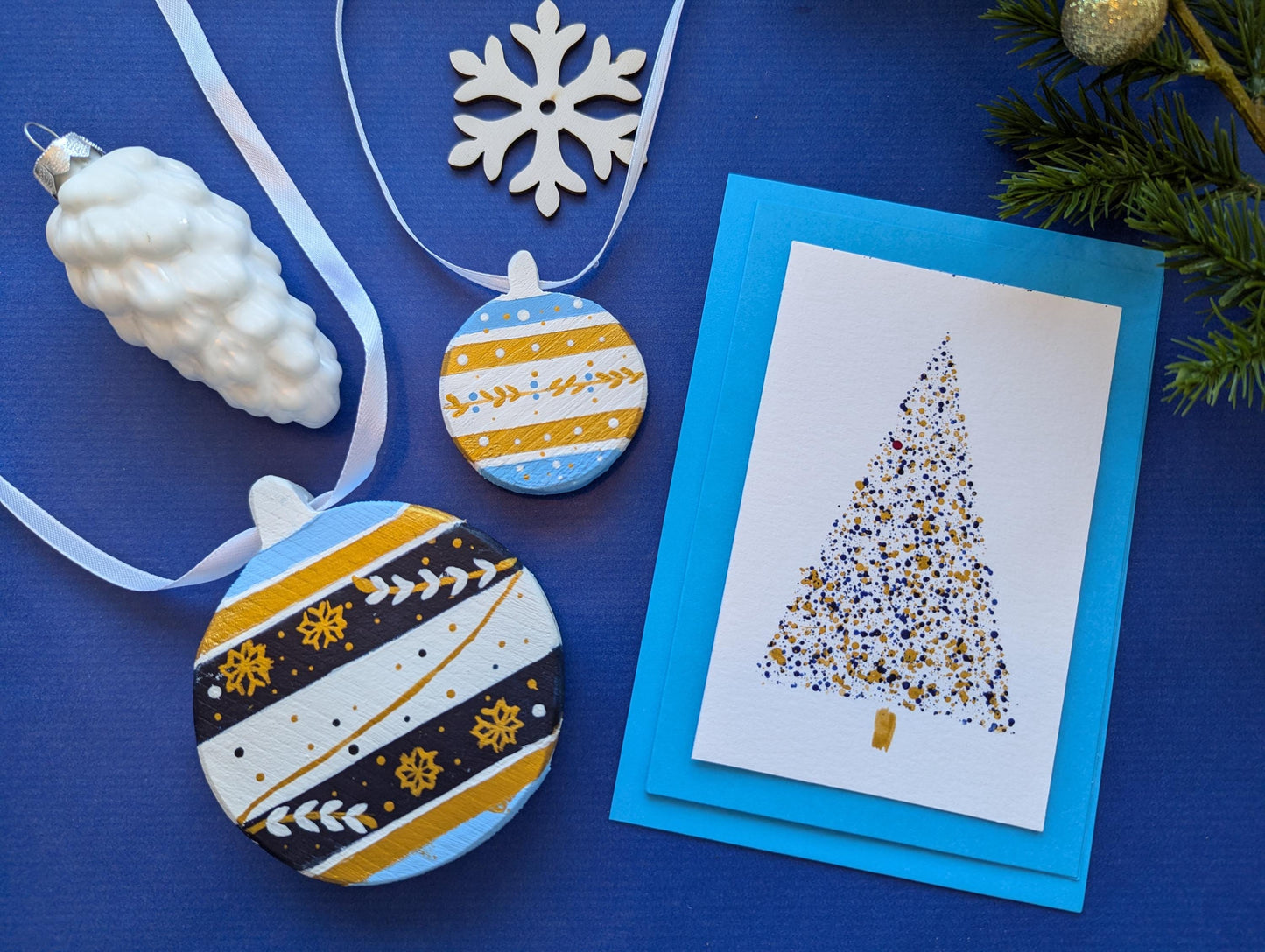 Hand-Painted Blue Wood Christmas Ornaments & Card Set: Boho Holiday Decor