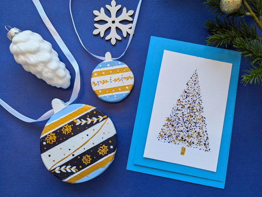 Hand-Painted Blue Wood Christmas Ornaments & Card Set: Boho Holiday Decor
