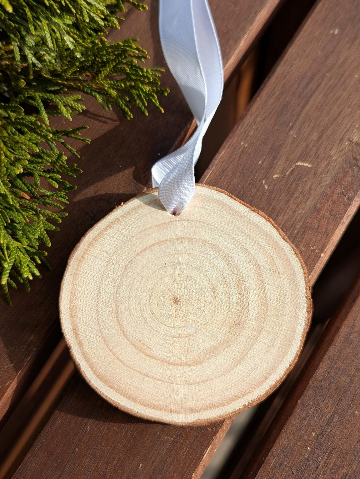 Hand-Painted Rustic Christmas Ornament: Red Floral Snowflake Wood Slice