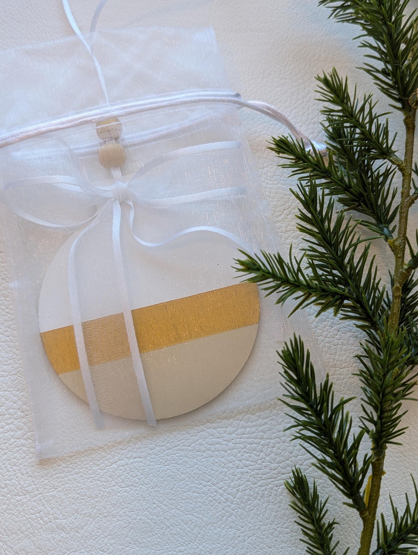 Hand-Painted Scandinavian Christmas Ornament: Gold & Beige Wood