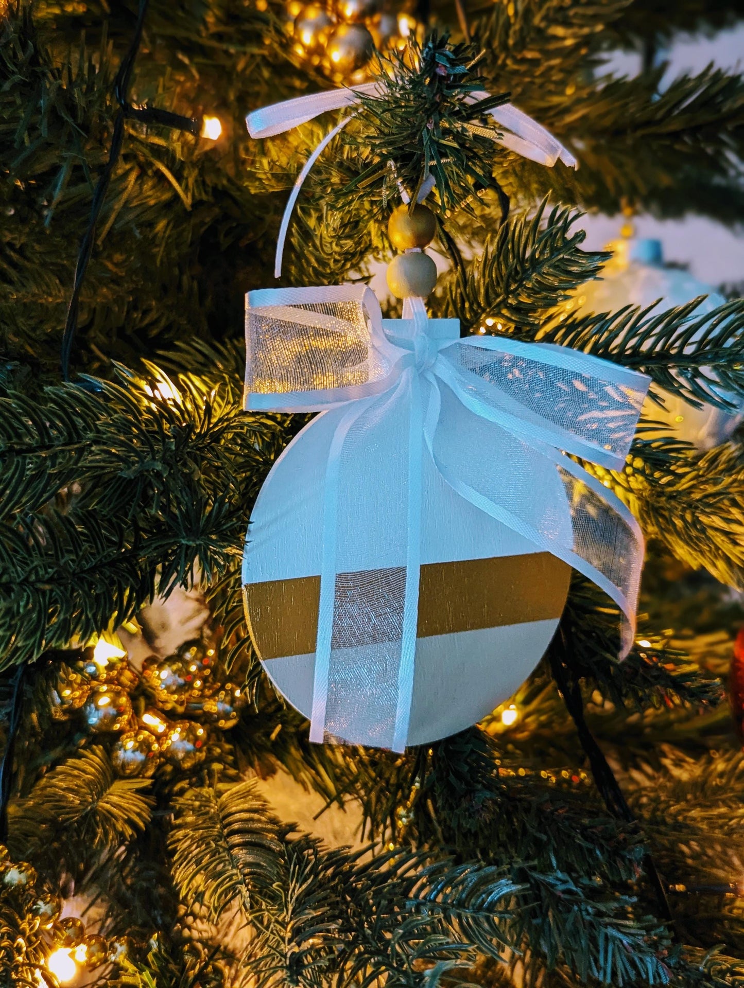 Hand-Painted Scandinavian Christmas Ornament: Gold & Beige Wood