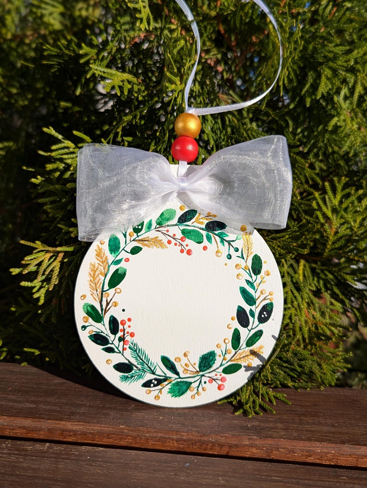 Hand-Painted Wooden Christmas Ornament: Wreath Design