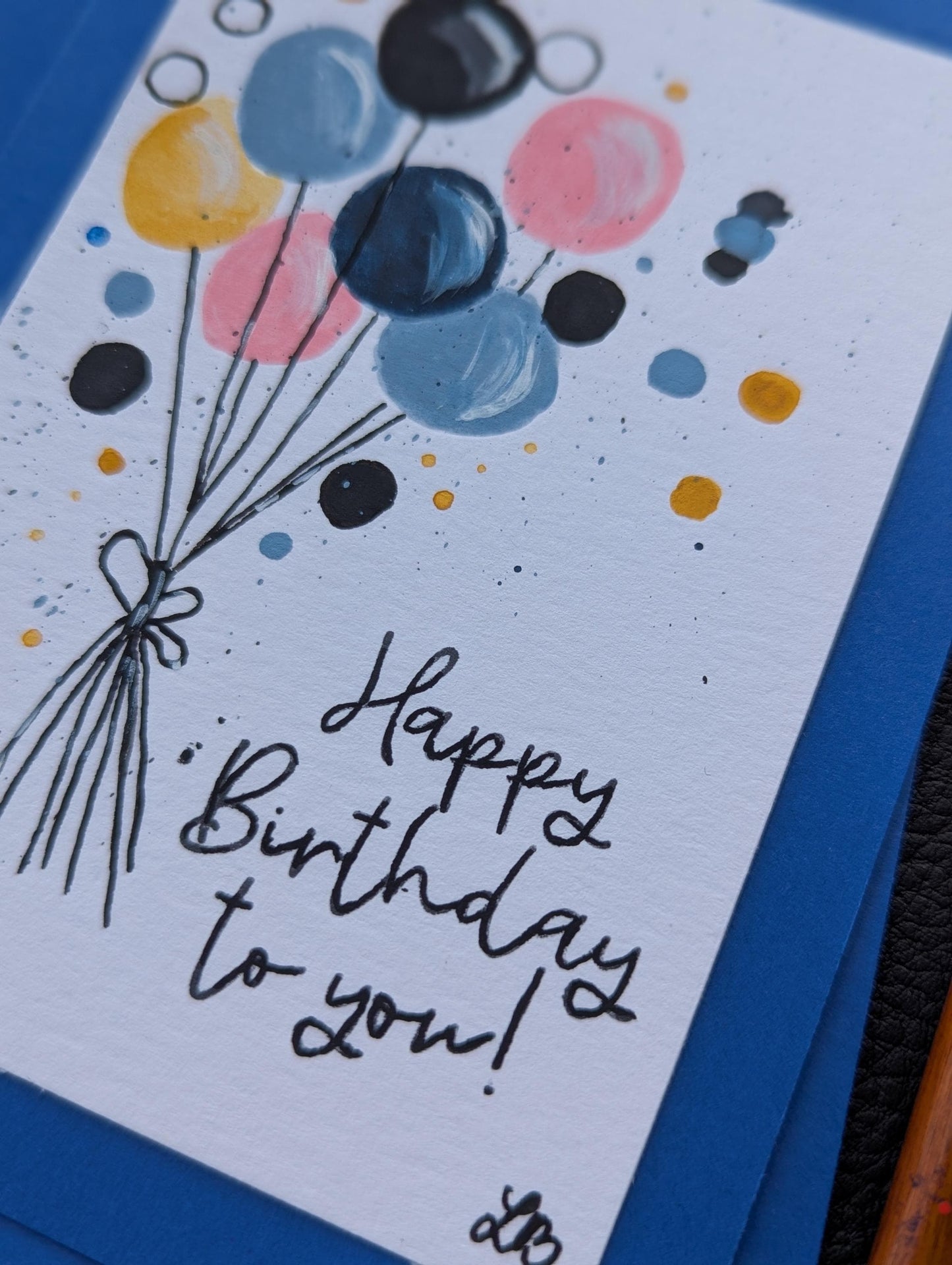 Handmade Birthday Card: Colorful Balloons, Hand-Painted with Blue Envelope