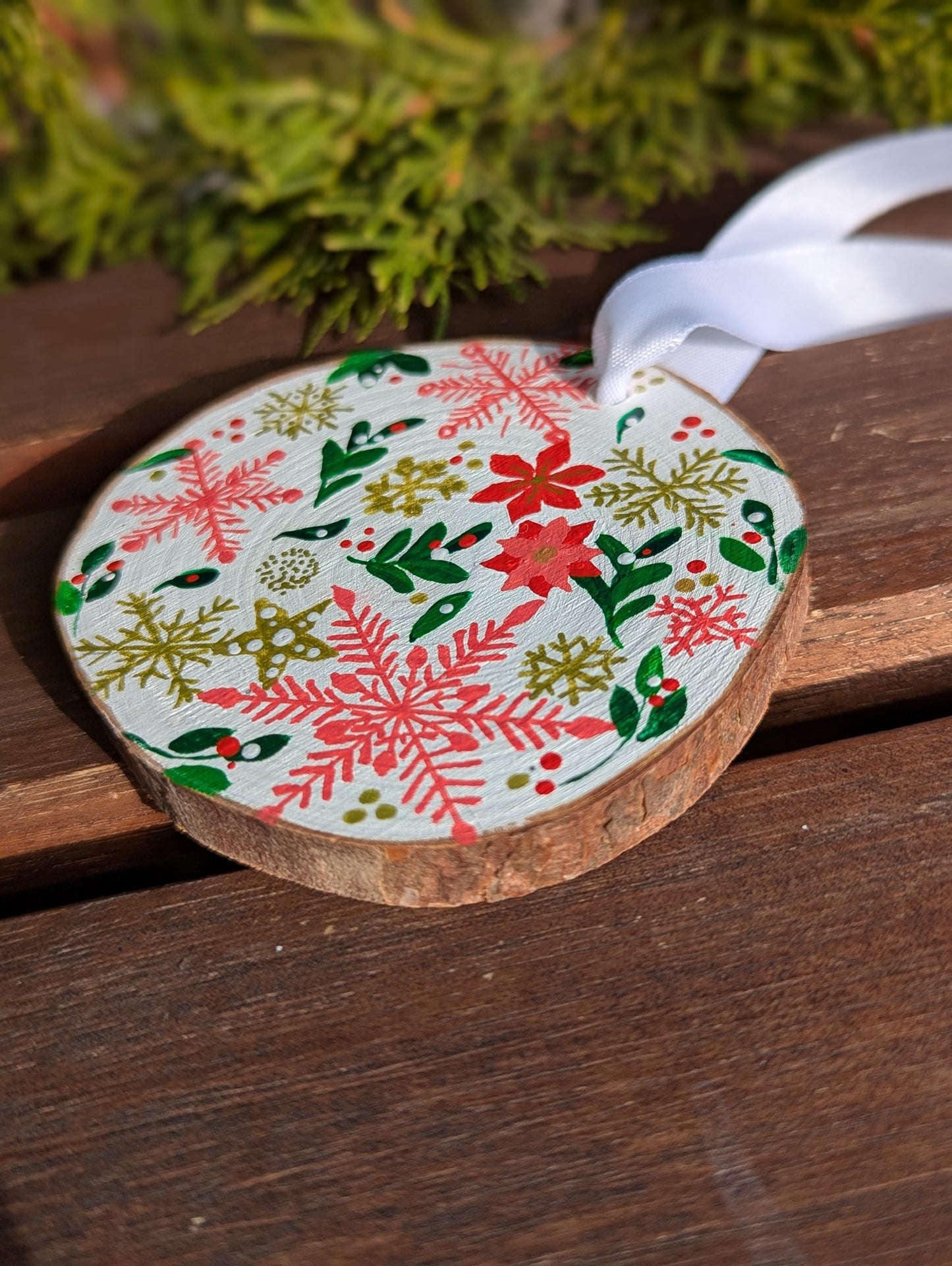 Hand-Painted Wood Slice Christmas Ornament: Rustic Snowflake Floral Design