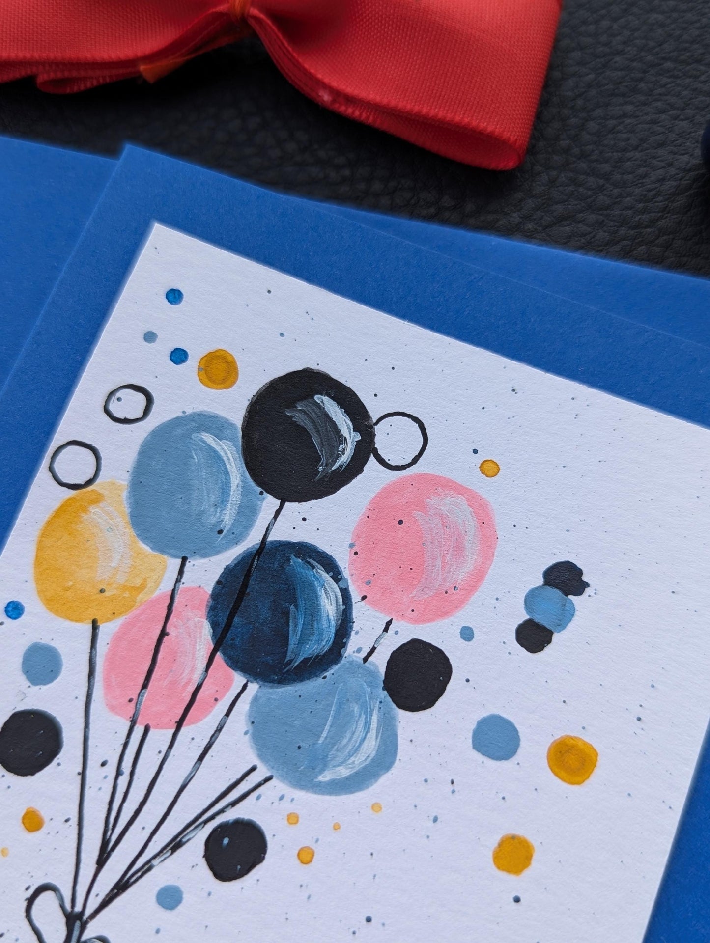 Handmade Birthday Card: Colorful Balloons, Hand-Painted with Blue Envelope