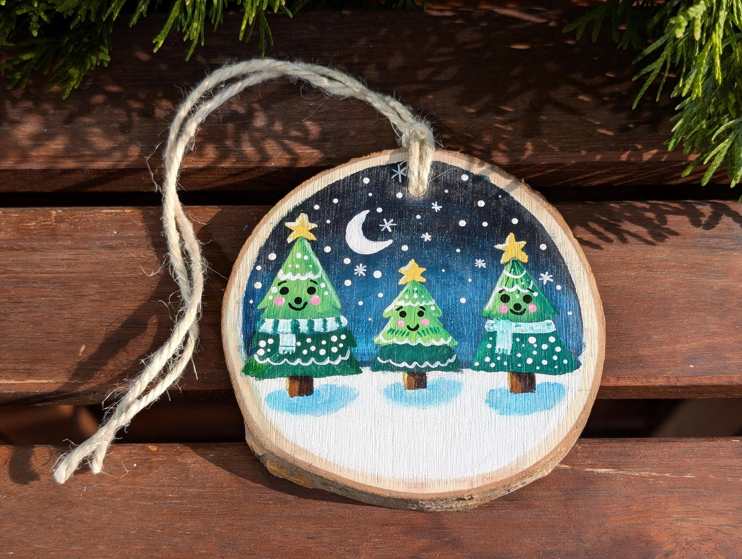 Hand Painted Wood Slice Christmas Ornament: Rustic Family Tree Decor