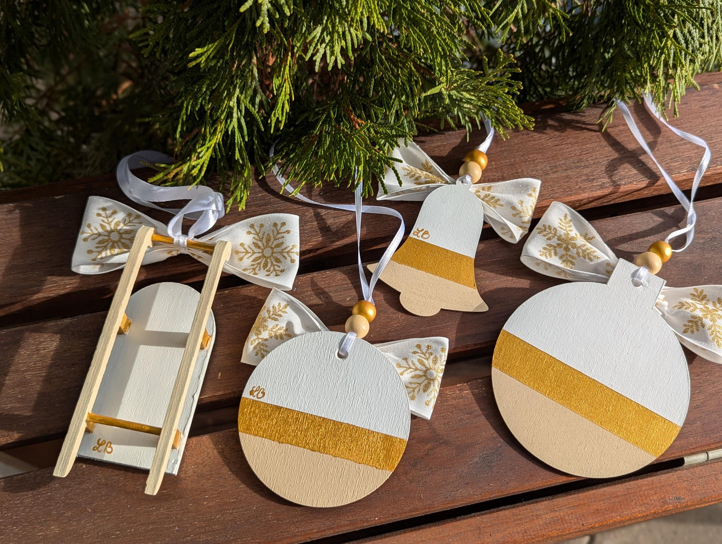 Scandinavian Christmas Ornaments Set: Hand-Painted Wood, Gold Accent