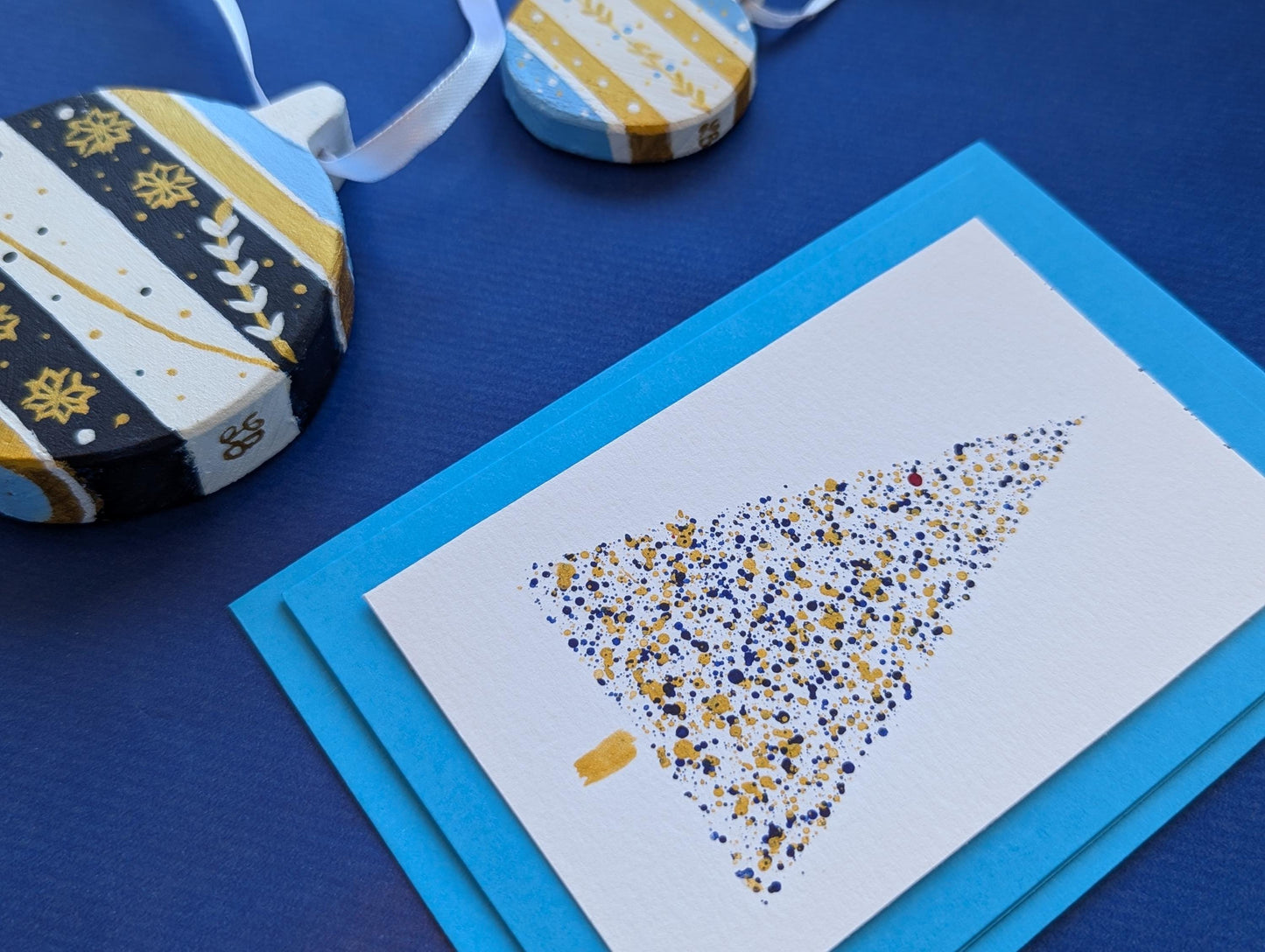 Hand-Painted Blue Wood Christmas Ornaments & Card Set: Boho Holiday Decor