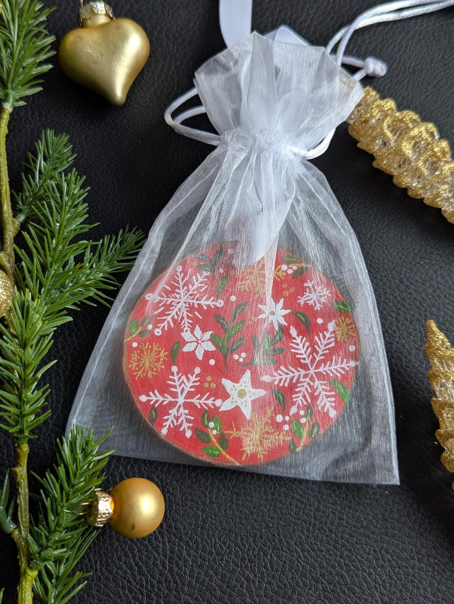 Hand-Painted Rustic Christmas Ornament: Red Floral Snowflake Wood Slice