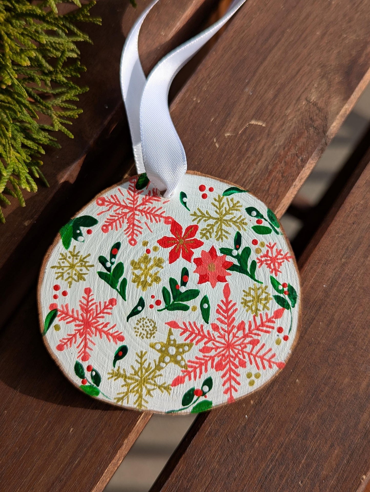 Hand-Painted Wood Slice Christmas Ornament: Rustic Snowflake Floral Design