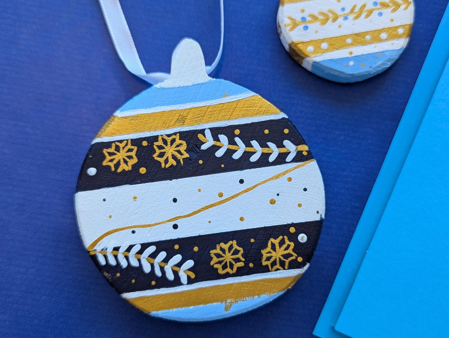 Hand-Painted Blue Wood Christmas Ornaments & Card Set: Boho Holiday Decor