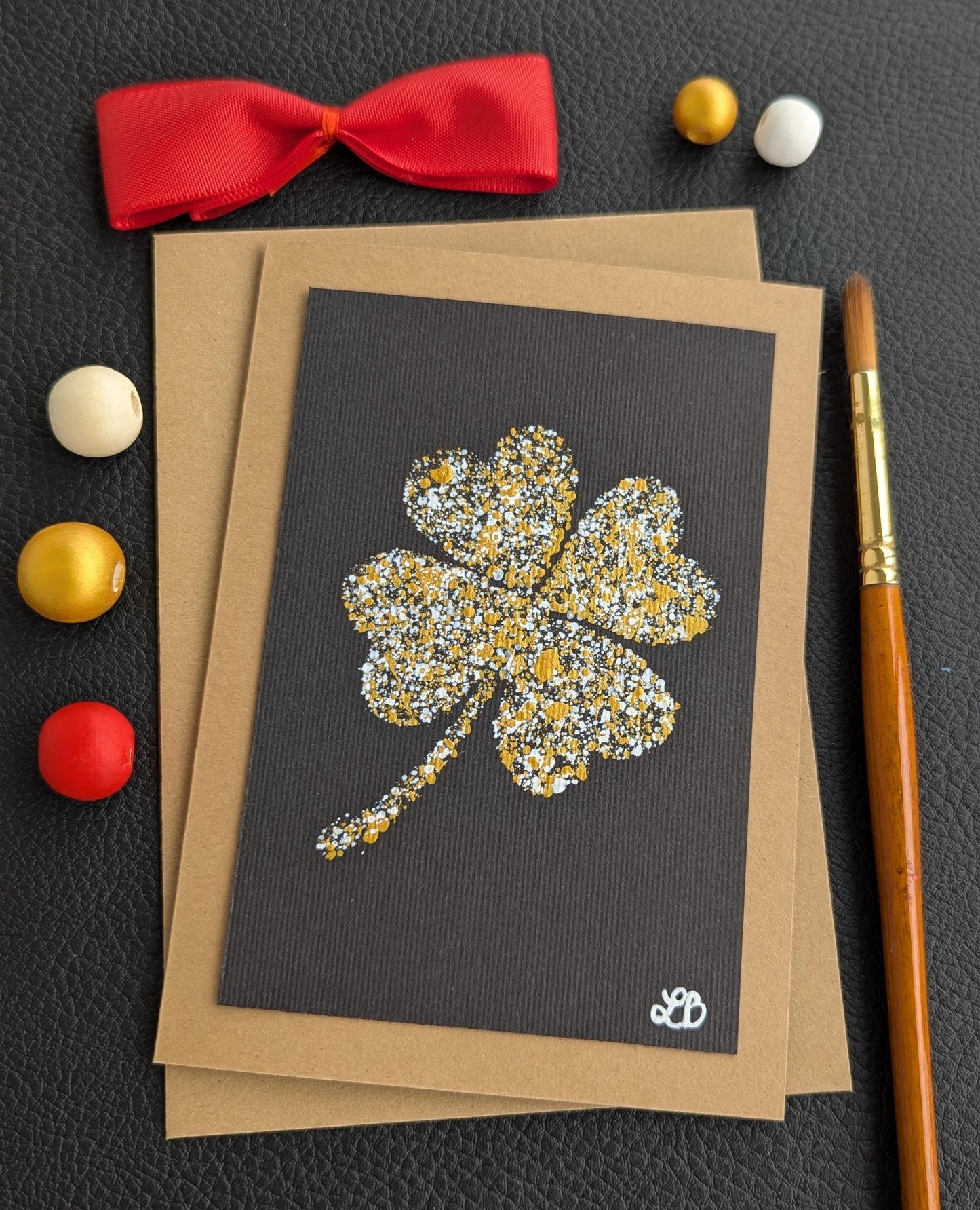 Handmade Good Luck Clover Card: Black & Gold Mini Painting