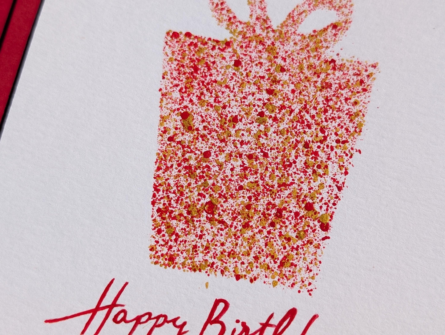 Hand-Painted Red Birthday Card: Modern Gift Box Design