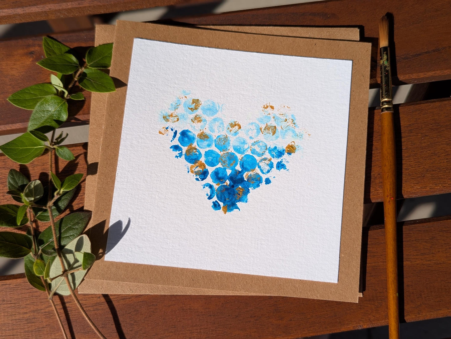 Handmade Blue & Gold Heart Card: Unique Acrylic Painting