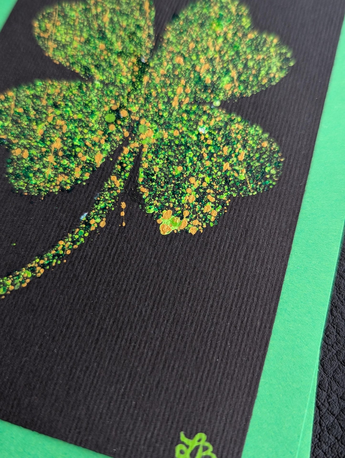 Hand Painted Acrylic Good Luck Card: Black, Green & Gold